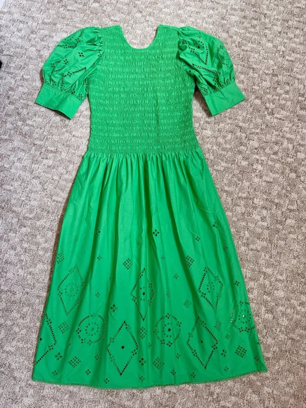 Ganni Women's Kelly Green Broderie Anglaise Cotton Midi Dress—10/12
